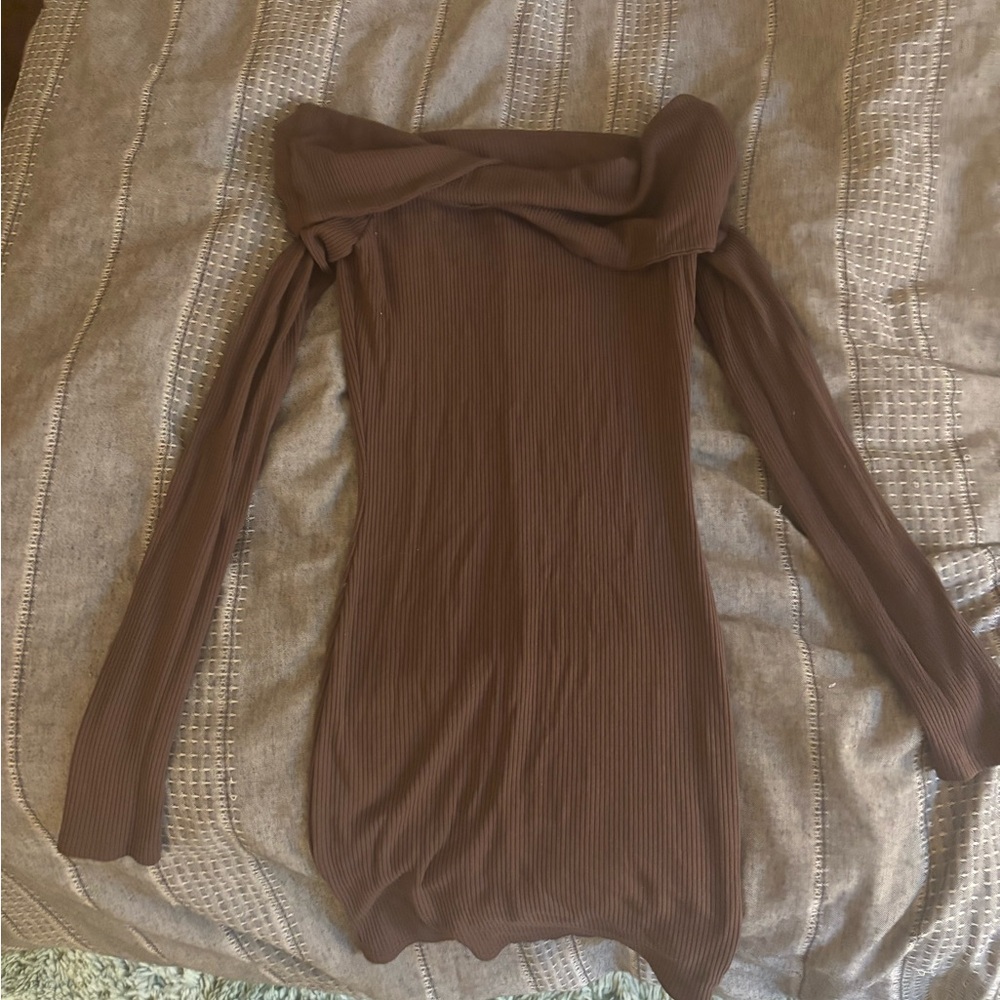 Arden B. Brown Ribbed Off-Shoulder Dress